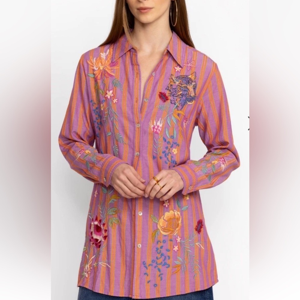 Johnny Was Indigo Button Down Tunic Shirt Medium M Pink Orange Stripe Top - Picture 1 of 9